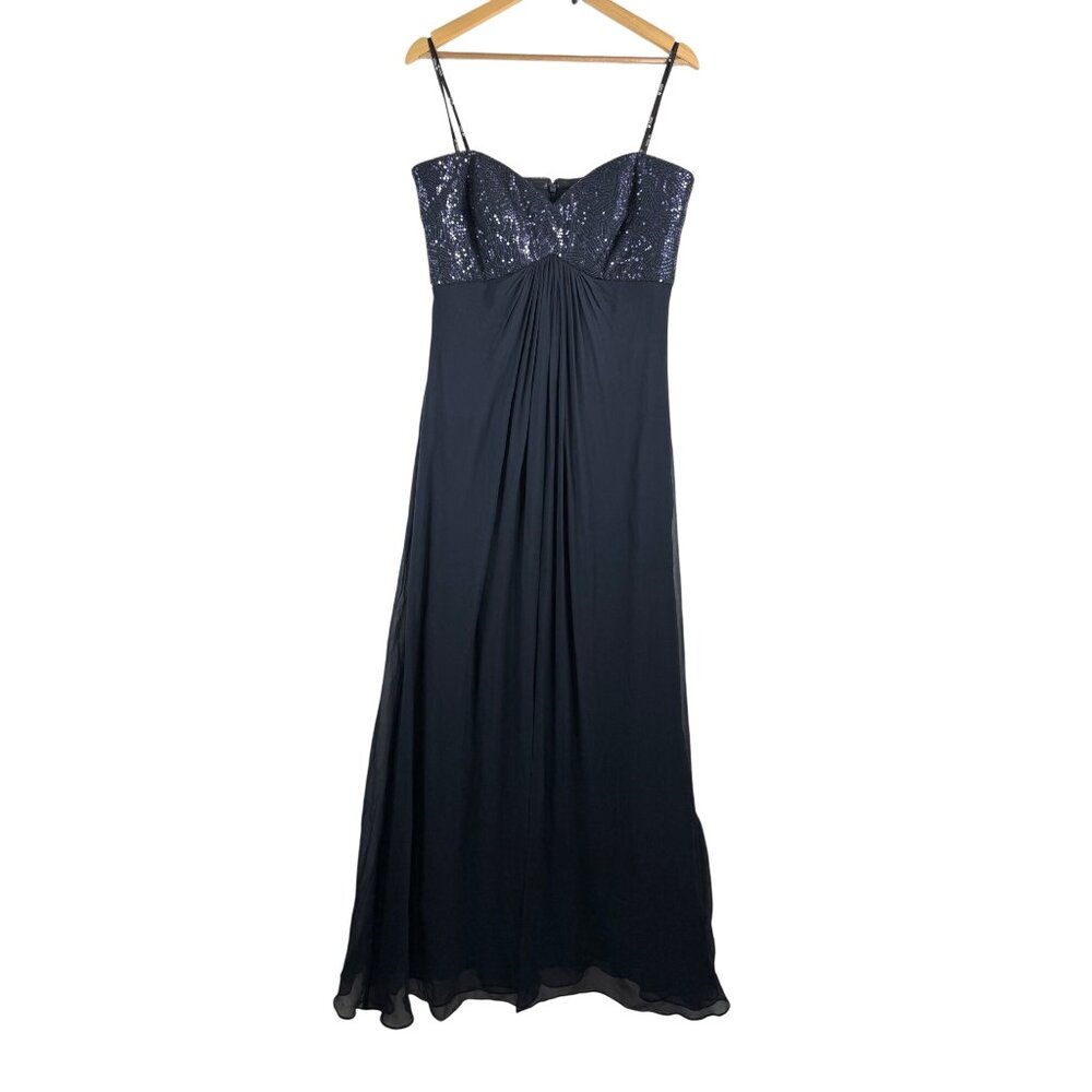 Tadashi Shoji Silk strapless sequin‎ maxi pleated cocktail dress navy sz 12